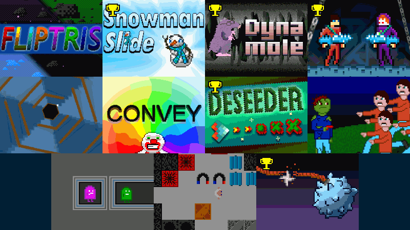 A tight grid of 11 games. The cursor hovers over 4 of them, revealing titles, descriptions, and other info. The thumbnails and info pivot elastically in 3D depending on the cursor position. 