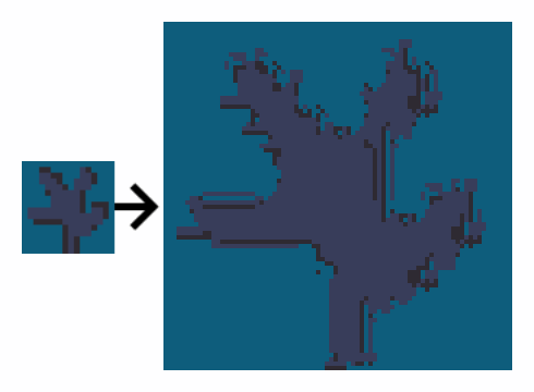 The input is star shape (GhostID made it and called it an alien hand!). The output resolves to be a spikey larger version of the input star.