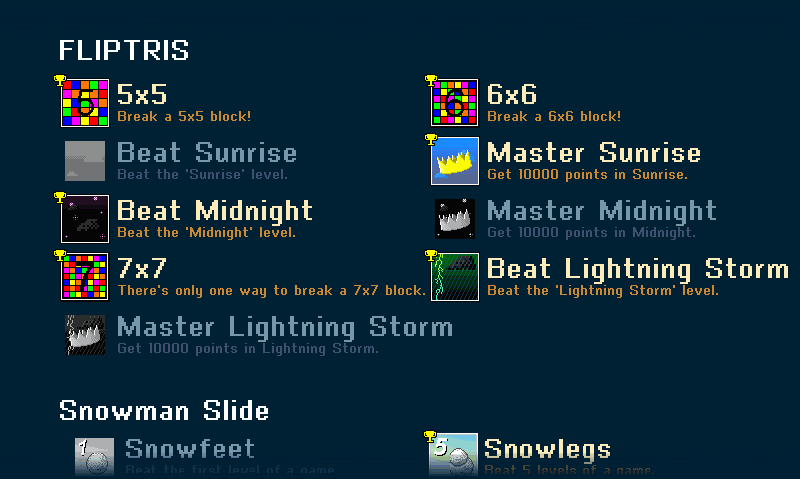A smoothly scrolling list of all 100 achievements, sorted by game.